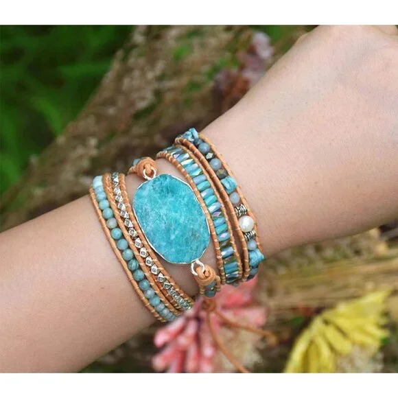 Handmade Natural Stone Wrap Bracelets Turquoises Crystal Beads Bracelet Jewelry